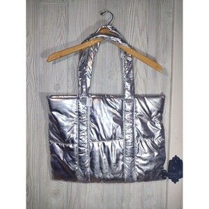 Bath and Body Works Tote Bag Puffy Puffer SILVER SHINY Carry All 2024 NWT $130